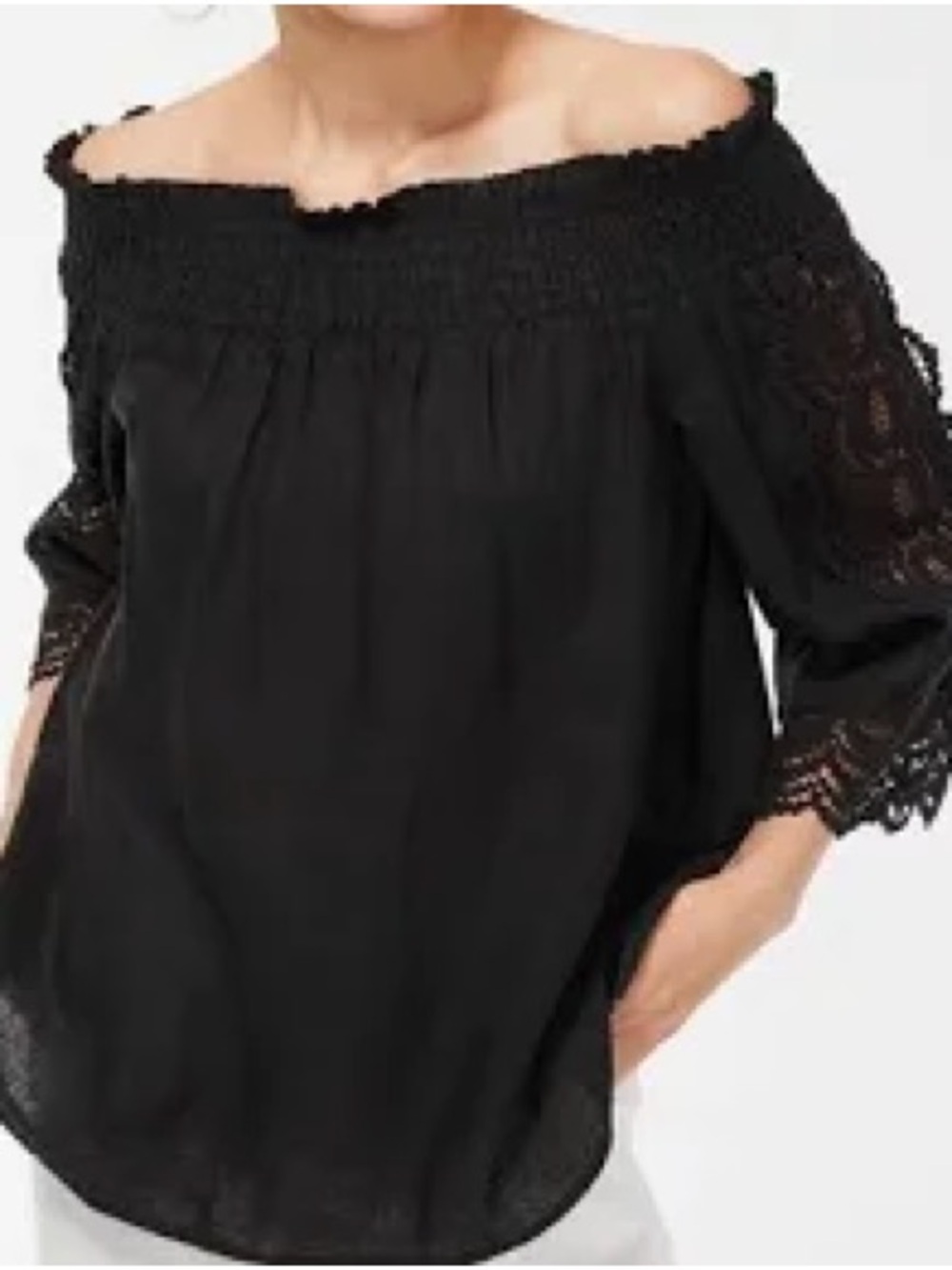 Chico's Linen Black Smocked Off-Shoulder Lace Sleeve Blouse Chicos size 3, 16 XL